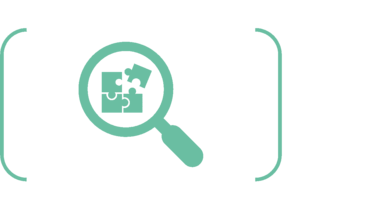 Pictogram of a magnifier and a puzzle