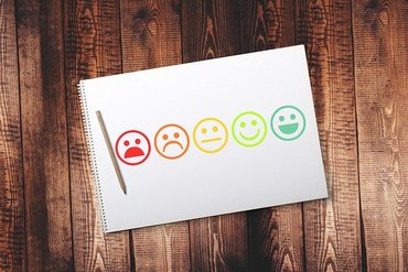 Ein Blatt Papier mit fünf gemalten Smileys in verschiedenen Farben, von rot und unglücklich auf der linken Seite bis zu dunkelgrün und sehr glücklich auf der rechten Seite des Papiers. Als Hintergrund sieht man Holzdielen.