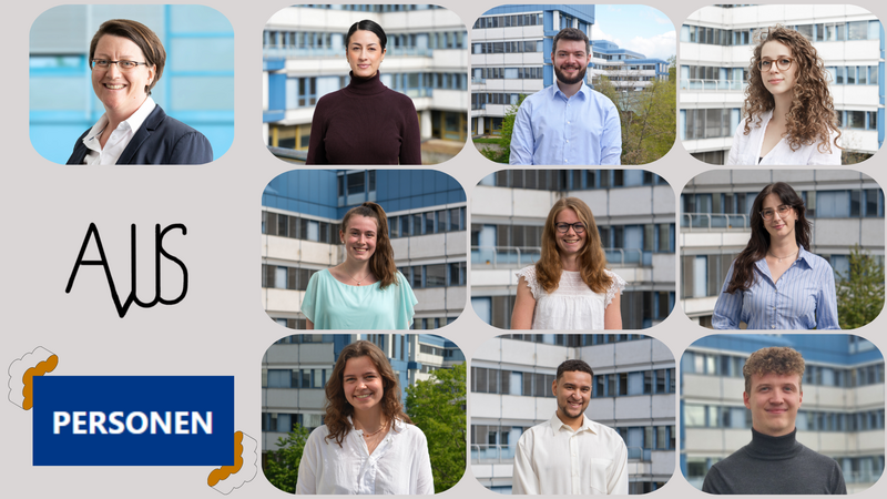 Das Bild zeigt eine Collage aus Porträts von zehn Personen (dem Lehrstuhlteam), die jeweils vor einem Bürogebäude oder einer blauen Wand fotografiert wurden. In der linken unteren Ecke befindet sich ein blauer Kasten mit der Aufschrift „PERSONEN“, und links oben ist ein stilisiertes Logo mit den Buchstaben „AvUS“ zu sehen.