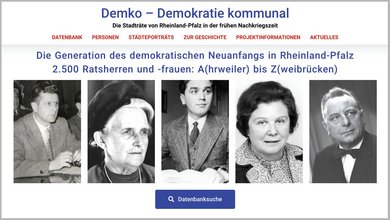 Screenshot der Startseite der Datenbank Demko mit schwarz-weiß Fotos. 