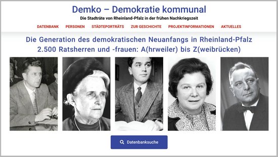 Screenshot der Startseite der Datenbank Demko mit schwarz-weiß Fotos