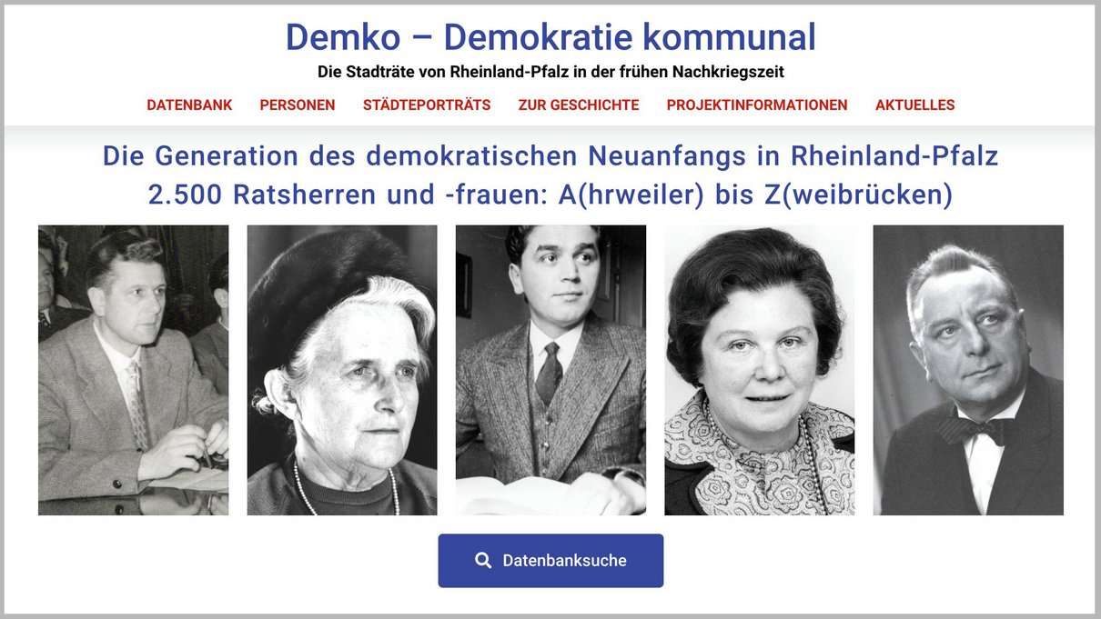Screenshot der Startseite der Datenbank Demko mit schwarz-weiß Fotos