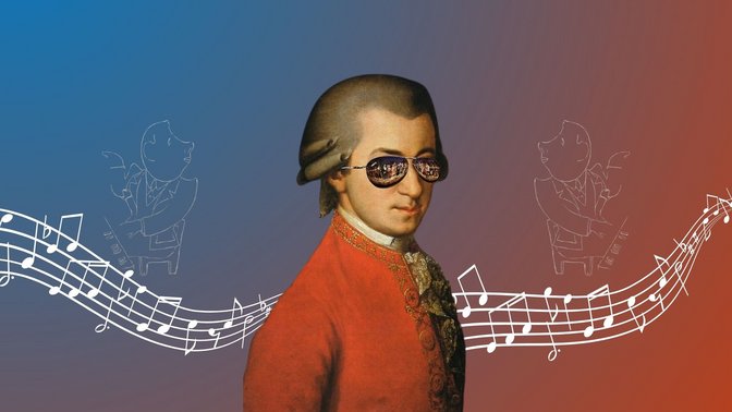 Fotomontage von Wolfgang Amadeus Mozart mit Sonnenbrille vor rot-blauem Hintergrund mit ihn umspielenden Notenlinien