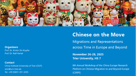 Plakat Chinese on the Move mit winkenden Katzen