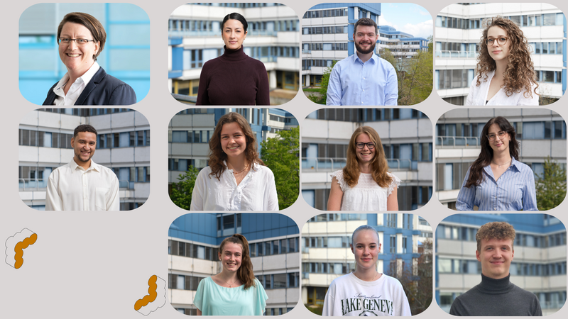 Das Bild zeigt eine Collage aus Porträts von zehn Personen (dem Lehrstuhlteam), die jeweils vor einem Bürogebäude oder einer blauen Wand fotografiert wurden. In der linken unteren Ecke befindet sich ein blauer Kasten mit der Aufschrift „PERSONEN“, und links oben ist ein stilisiertes Logo mit den Buchstaben „AvUS“ zu sehen.