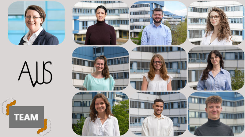 he picture shows a collage of portraits of ten people (the chair team), each photographed in front of an office building or a blue wall. In the bottom left-hand corner is a blue box with the inscription “TEAM”, and in the top left-hand corner is a stylized logo with the letters “AvUS”