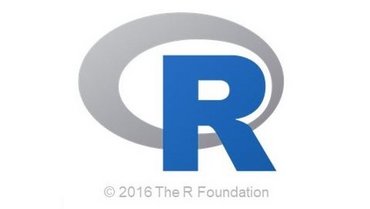 Logo R: Blaues R vor einem grauen Kreis. Copyright 2016 The R Foundation.