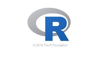 Logo R: Blaues R vor einem grauen Kreis. Copyright 2016 The R Foundation.