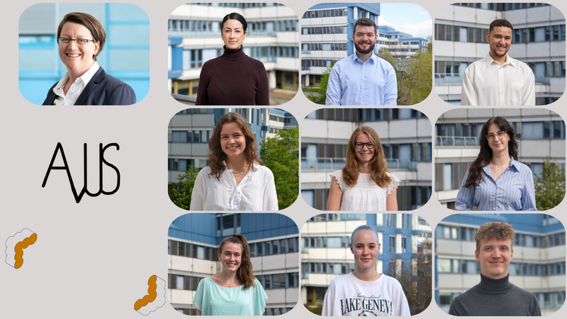Das Bild zeigt eine Collage aus Porträts von zehn Personen (dem Lehrstuhlteam), die jeweils vor einem Bürogebäude oder einer blauen Wand fotografiert wurden. In der linken unteren Ecke befindet sich ein blauer Kasten mit der Aufschrift „PERSONEN“, und links oben ist ein stilisiertes Logo mit den Buchstaben „AvUS“ zu sehen