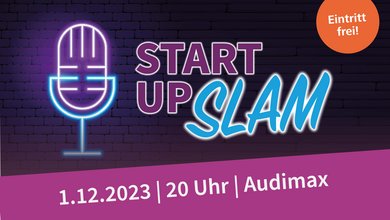 Bild mit Ankündigung des StartupSlams mit Mikrofon in Neon-Blau und Pink. 