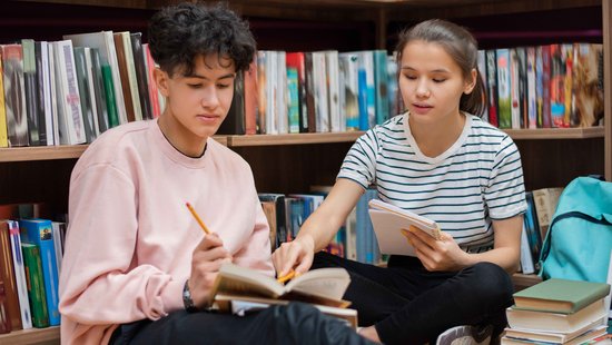 Zwei Studierende vor einer Bücherwand. Foto Colourbox