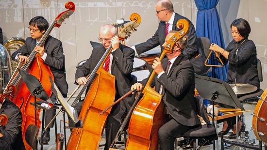 Fünf Orchestermitglieder des Philharmonischen Orchesters Trier mit Kontrabass und Triangel.