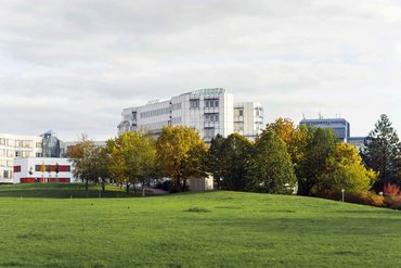 Gebäude D der Universität hinter einer Wiese mit Bäumen.