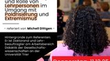 Deutsch:  Ein Flyer der Juso HSG Trier mit dem Titel „Neutralität oder Haltung?“. Beworben wird ein Vortrag von Michel Dittgen, Doktorand und Lehrbeauftragter für Gesellschaftswissenschaften, über die Rolle von Lehrpersonen im Umgang mit Polarisierung und Extremismus. Im Hintergrund ist ein Klassenraum mit einer Lehrkraft und Schüler*innen zu sehen. Termin: Donnerstag, 11.12.25, 18:00 Uhr, P3.  English: A flyer by Juso HSG Trier titled “Neutrality or Conviction?”. It advertises a presentation by Michel Dittgen, a doctoral candidate and lecturer in social sciences, on the role of teachers in dealing with polarisation and extremism. In the background, a classroom with a teacher and students is visible. Date: Thursday, 11 December, 2025, 6 PM, P3.