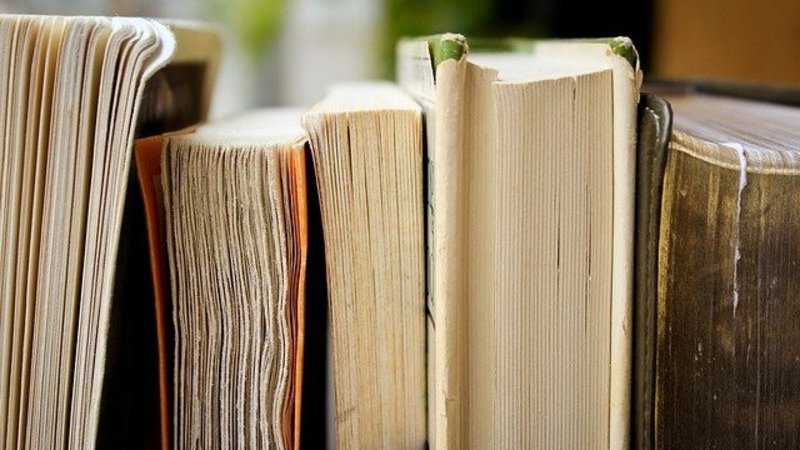Fünf ältere, dicke Bücher, die nebeneinander stehen.