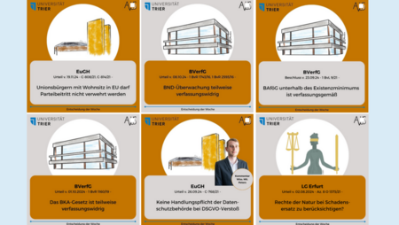 The image shows a collage of six tiles, each presenting a court judgment or legal topic. Each tile contains a drawing of the respective court building, a short description of the case and orange and gray background elements. The logo of Trier University can be seen at the top left.