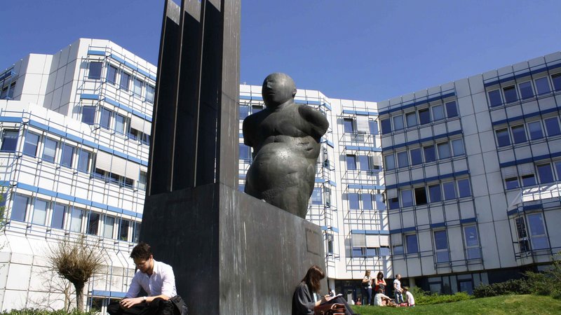 Studierende sitzen auf Wiese an einer Statue vor Gebäude D.