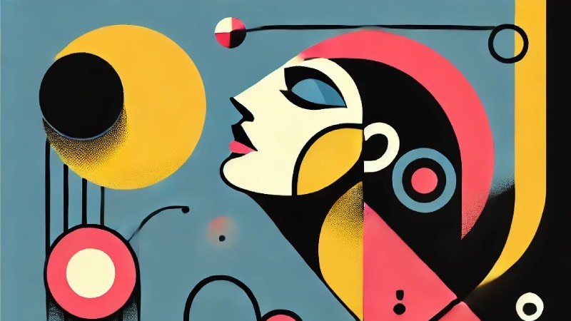 Abstract image of a person who looks like she is looking towards the moon. The color scheme is blue, yellow, black, white and pink