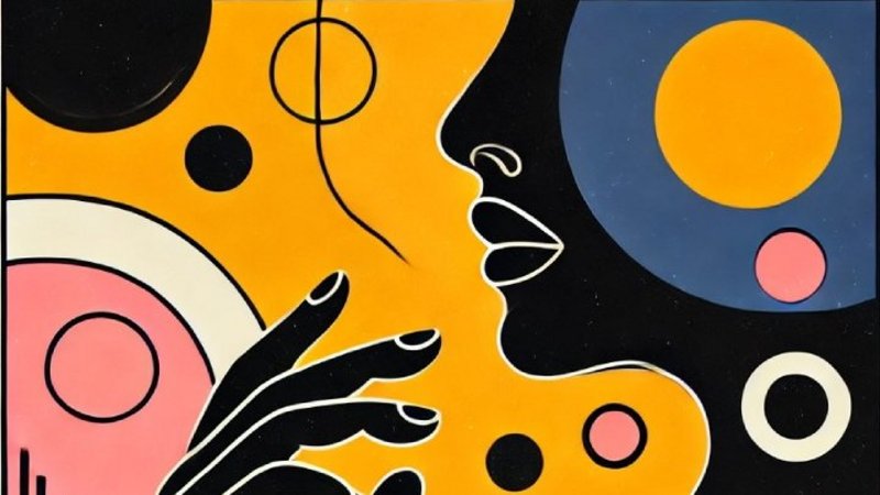 Silhouette of a woman's head and arm from the side against a yellow background with circles in blue, pink, black and brown.